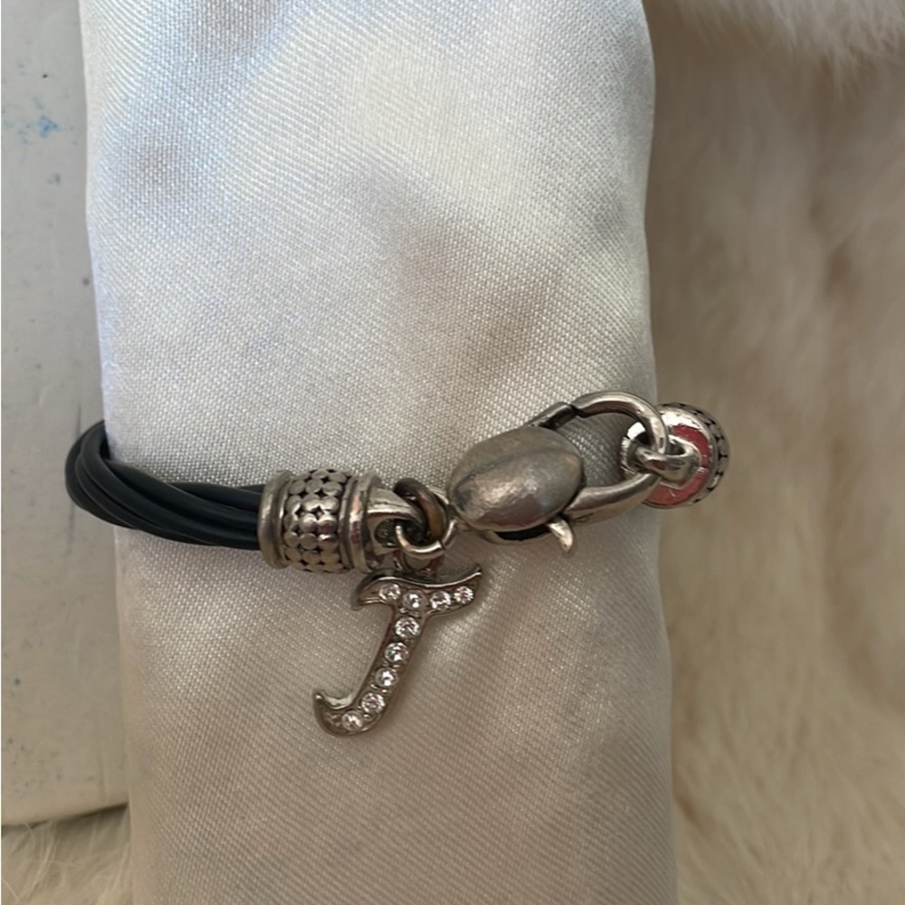 Initial J Twisted Black Faux Leather Bracelet